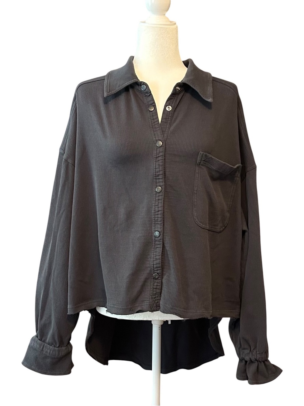 Free People Movement Gray Ribbed Snap Front Oversized Hi Lo Shirt SZ Medium